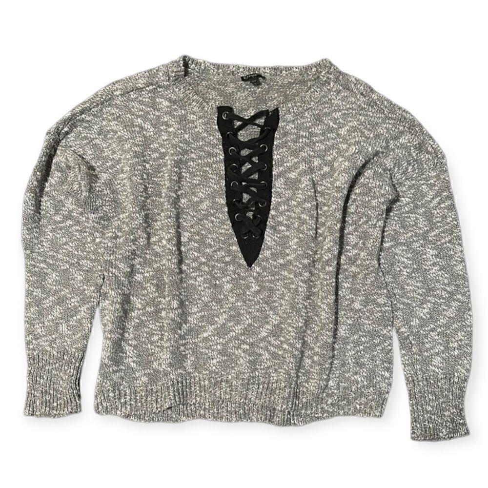 Express Lace Up V Neck Grey Sweater Size Large